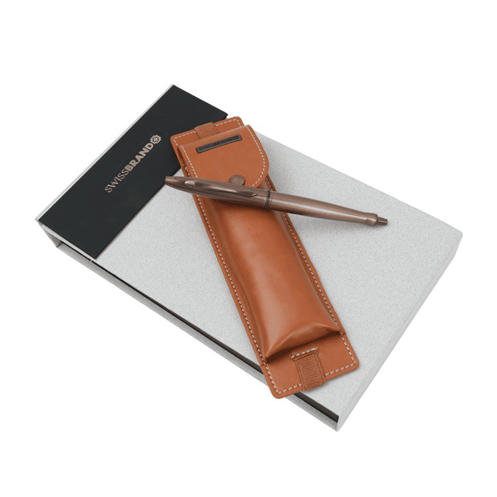 Swissbrand G06-2523-22 Matte Brown Ballpoint Pen with Tan Color Pen Case