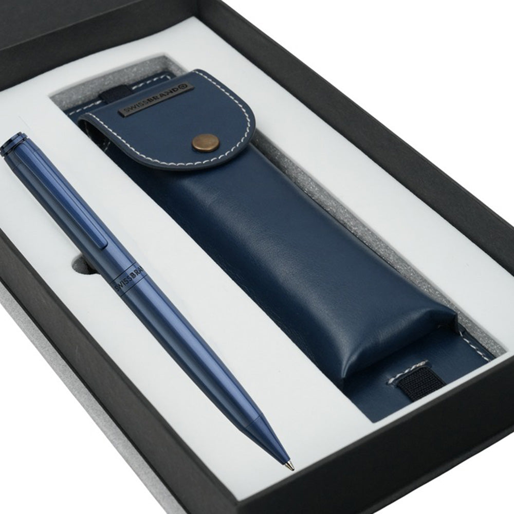 Swissbrand G07-2503-22 Matte Chrome Ballpoint Pen with Blue Color Pen Case