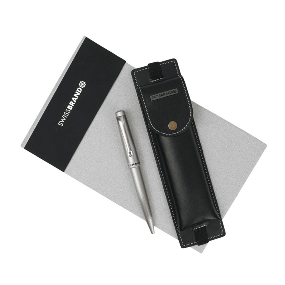 Swissbrand G08-2516-22 Matte Chrome Ballpoint Pen with Black Color Pen Case