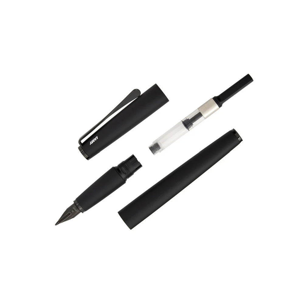 The LAMY Studio Lx All-black is the latest iteration of this elegant pen, this time with fine distinct touches that make this "All-black" pen extraordinarily luxurious -- from the special PVD coatings of metal parts to the distinctive Lx-style nib that provides an exceptionally smooth writing experience.Β Β Matt black lacquer finish with steel propeller-shaped clip with PVD coated, polished steel nib PVD coated. With LAMY T 10 blue ink cartridge; suitable for converter LAMY Z 27.