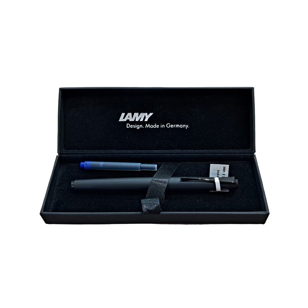 The LAMY Studio Lx All-black is the latest iteration of this elegant pen, this time with fine distinct touches that make this "All-black" pen extraordinarily luxurious -- from the special PVD coatings of metal parts to the distinctive Lx-style nib that provides an exceptionally smooth writing experience. Matt black lacquer finish with steel propeller-shaped clip with PVD coated, polished steel nib PVD coated. With LAMY T 10 blue ink cartridge; suitable for converter LAMY Z 27.