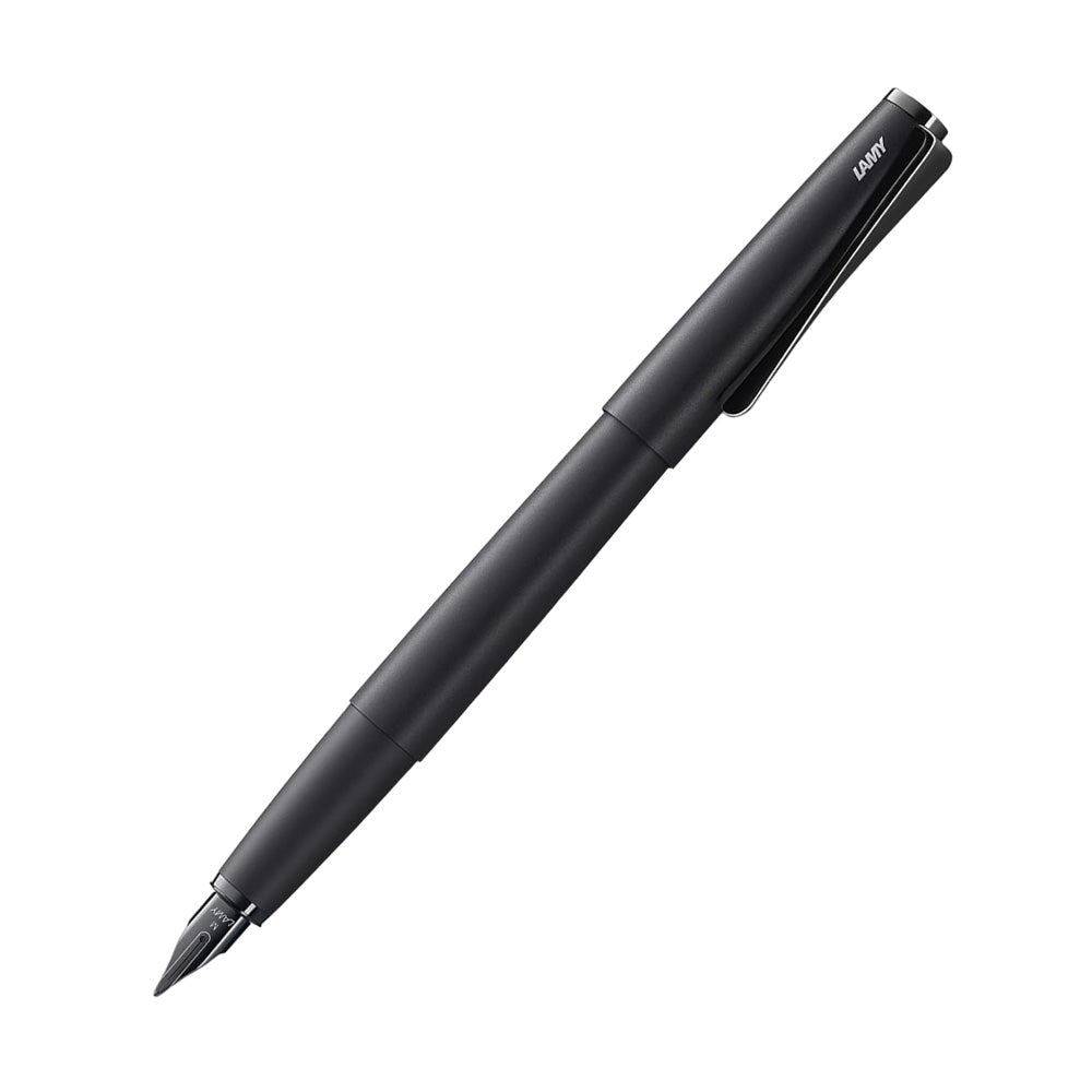 The LAMY Studio Lx All-black is the latest iteration of this elegant pen, this time with fine distinct touches that make this "All-black" pen extraordinarily luxurious -- from the special PVD coatings of metal parts to the distinctive Lx-style nib that provides an exceptionally smooth writing experience.Β Β Matt black lacquer finish with steel propeller-shaped clip with PVD coated, polished steel nib PVD coated. With LAMY T 10 blue ink cartridge; suitable for converter LAMY Z 27.