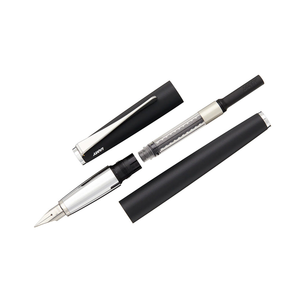 Timeless Perfection. LAMY studio black Fountain pen M The special elegance of the LAMY studio demonstrates just how close design and art can be. The propeller-shaped clip accents the penβs innovative form. Matt black lacquer finish / steel propeller-shaped clip / steel nib, polished / Lamy T 10 blue ink cartridge; with converter Z 27