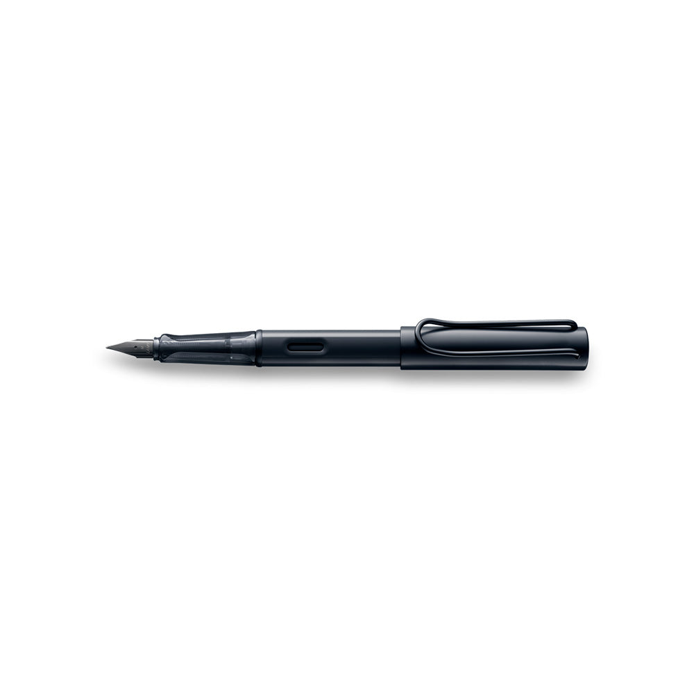 The Light Aluminium-Experience. LAMY AL-star black Fountain pen M The Lamy AL-star is the attractive, young writing instrument which satisfies even the highest requirements. Made of feather-light robust aluminum, anodized in various colors. With distinctive transparent grip and spring-action metal clip. Aluminium, matt black metallic anodized / metal clip / ergonomic plastic grip / steel nib, black / with ink cartridge LAMY T 10 blue / with converter Z 28