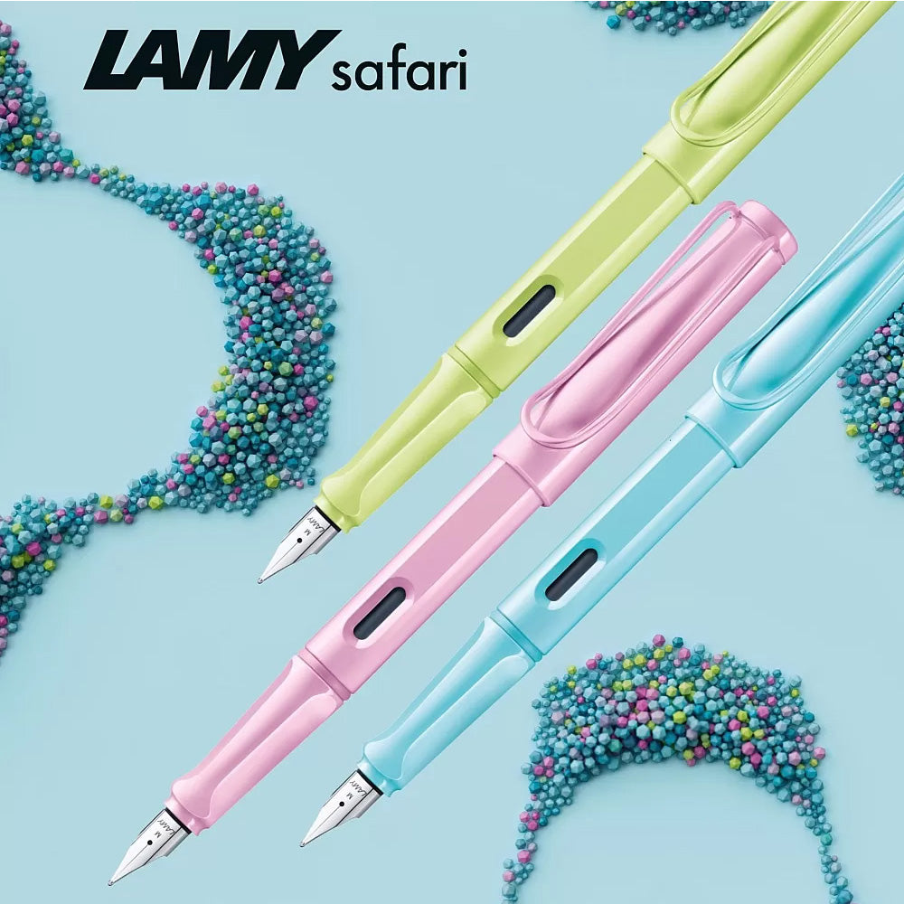 Write Different LAMY safari aqua sky Fountain pen M Many attractive colours, timeless design, perfect ergonomics. These are just some of the reasons that the LAMY safari is one of the most popular writing instruments worldwide. Distinctive recessed grip guarantees writing comfort. Sturdy plastic, shiny aqua sky / matching colour metal clip / ergonomic grip / steel nib, polished / with ink cartridge LAMY T 10 blue / with converter Z 28