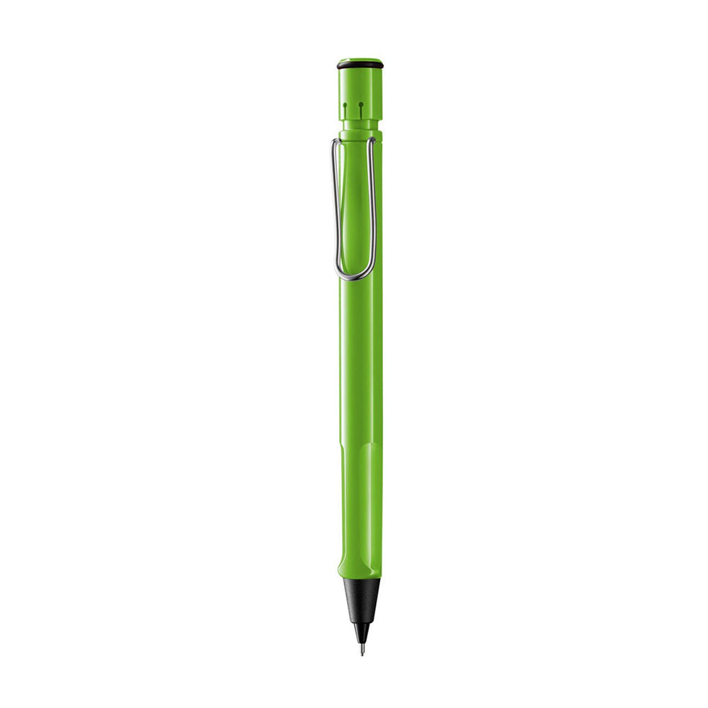 LAMY safari green Mechanical pencil 0.5mm Many attractive colours, timeless design, perfect ergonomics. These are just some of the reasons that the LAMY safari is one of the most popular writing instruments worldwide. Distinctive recessed grip guarantees writing comfort. Made of ABS plastic with spring-loaded metal clip. Sturdy plastic shiny green, metal clip, ergonomic grip compatible with 0.5 mm (M 41) lead, Z 18 eraser with cleaning needle. (Lead & eraser to be purchased separately)
