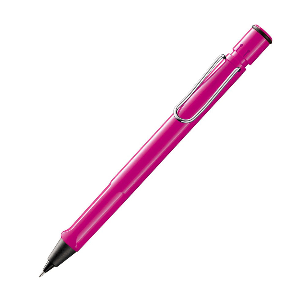 LAMY safari pink Mechanical pencil 0.5 mm Many attractive colours, timeless design, perfect ergonomics. These are just some of the reasons that the LAMY safari is one of the most popular writing instruments worldwide. Distinctive recessed grip guarantees writing comfort. Made of ABS plastic with spring-loaded metal clip. Sturdy plastic, shiny pink, metal clip, ergonomic grip compatible with 0.5 mm (M 41) lead & Z 18 eraser with cleaning needle.(Lead & eraser to be purchased separately)