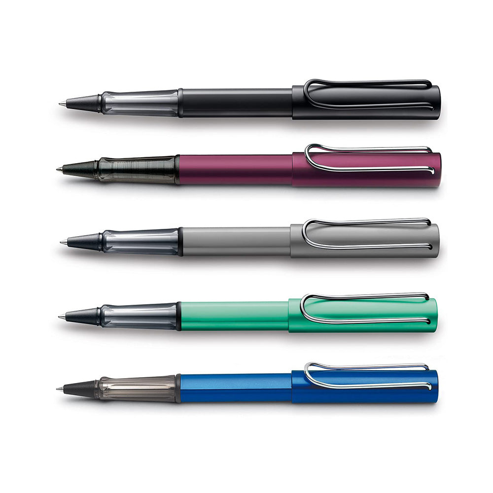 LAMY AL-star black Rollerball pen The Lamy AL-star is the attractive, young writing instrument which satisfies even the highest requirements. Made of feather-light robust aluminium, anodised in various colours. With distinctive transparent grip and spring-action metal clip. Aluminium, matt black metallic anodized / metal clip / ergonomic plastic grip / with refill LAMY M 63 M black