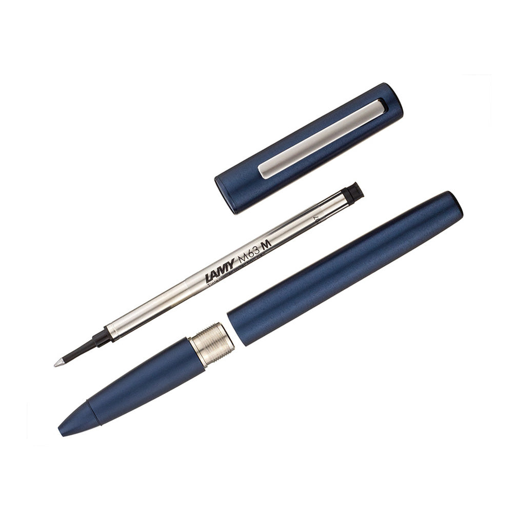 LAMY aion deepdark blue Rollerball pen The smooth deep-drawn aluminium body components are the first of their kind and give the series a unique, harmonious appearance. Brushed and blasted surfaces are refined with a brilliant silk-matt anodic coating finish, creating formal tension. The sturdy high gloss polished clip perfectly rounds off the overall design. brushed aluminum and satin matt dark blue anodized / with LAMY M63 M black rollerball pen refill