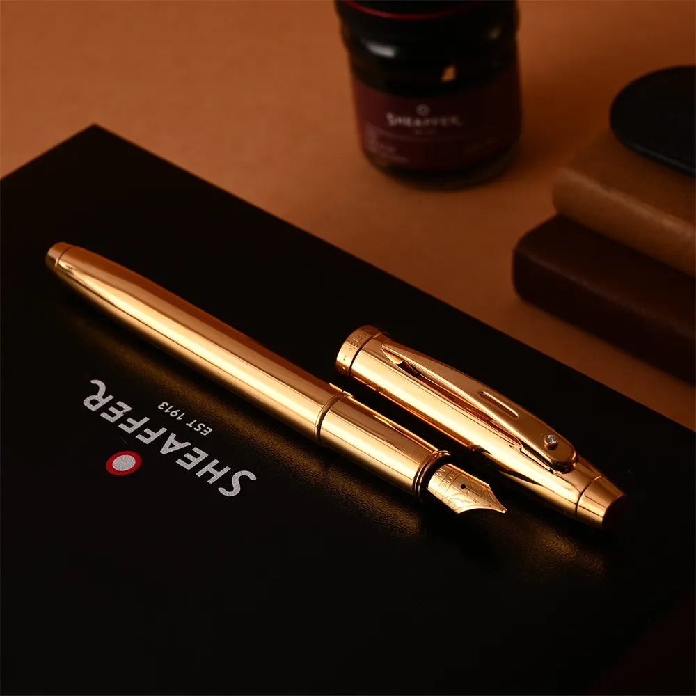 Sheaffer 100 E9372 PVD Gold with PVD Gold Trim with Brilliant Diamond Embellishment Fountain Pen - Stainless Steel Nib