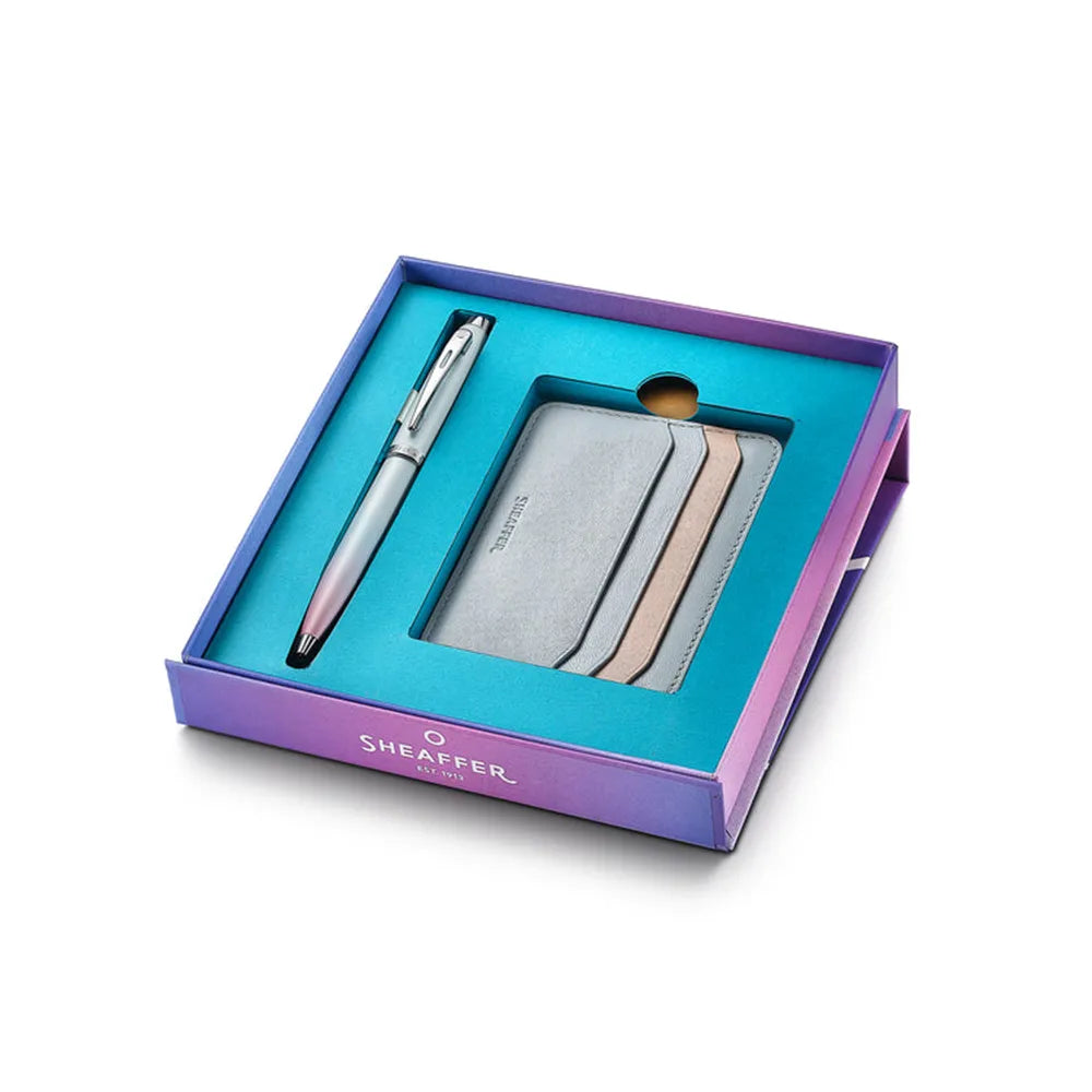 Sheaffer Giftset Expressions 100 9376 Blue and Pink Pearlised Gradient CT Ballpoint Pen with Genuine Leather Credit Card Holder