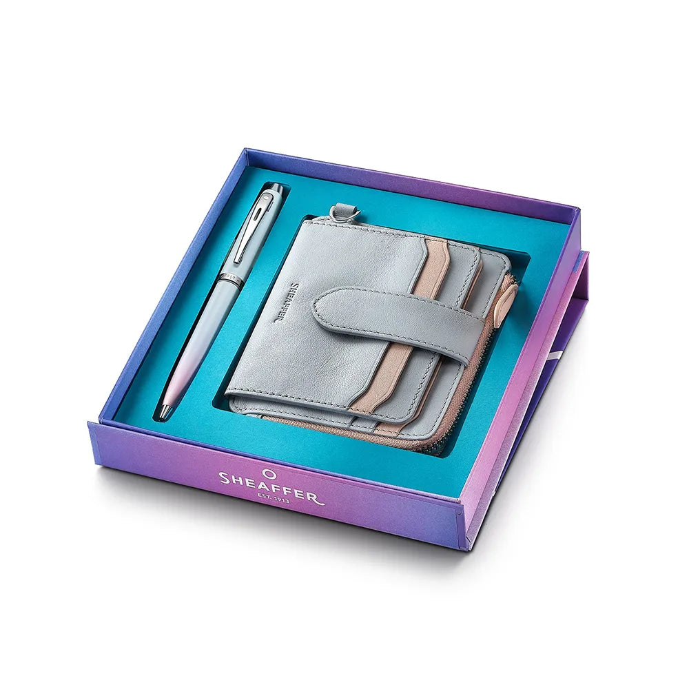 Sheaffer Giftset Expressions 100 9376 Blue and Pink Pearlised Gradient CT Ballpoint Pen with Genuine Leather Wallet