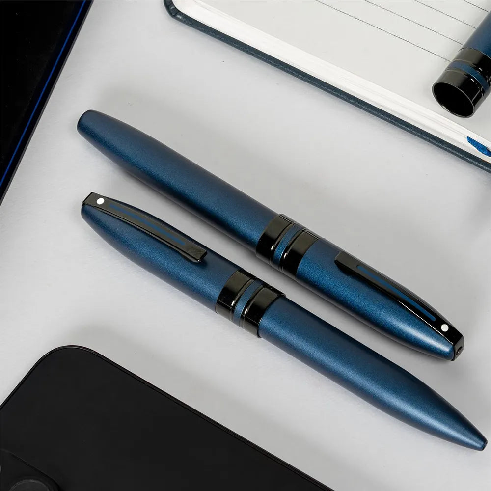 Sheaffer Icon E9110 Matte Blue Lacquer with Black PVD Trim Rollerball and Ball Pen Set