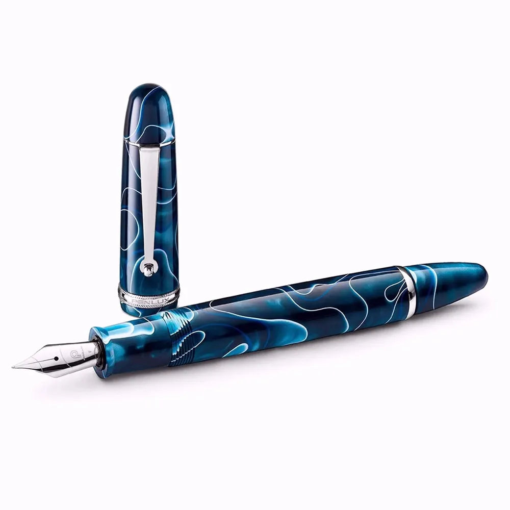 Penlux Grande Blue Swirl with Chrome Trim Fountain Pen - Medium Nib