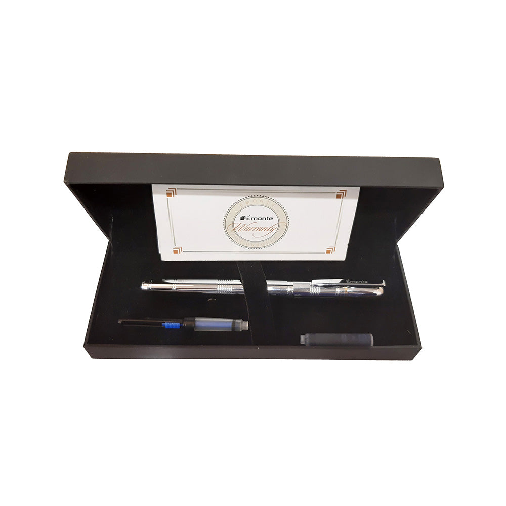 Established in the year 2009, Émonte Pens Pvt. Ltd. is an initiative by Mr. Rajive Jain, Chairman & Managing Director of the company that endeavors to launch unique brands in the Luxury Writing Instruments segment, whilst introducing some of the world’s finest and renowned brands to our Indian patrons. Emonte D'Argent Chrome with Chrome Trim Fountain Pen Colour : Metal (Chrome) Trim : Chrome Material : Metal Mechanism : cap type Nib Size : Medium, Steel Nib Filling System : Ink Cartridges