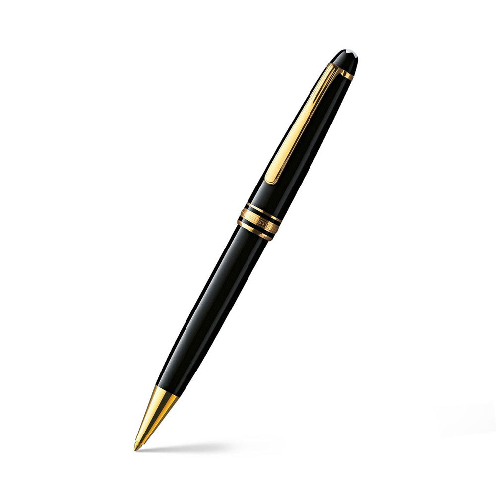 The Meisterstück Classique in deep black precious resin with gold-coated details and surmounted by the white star emblem evolves into a distinctive design icon. Black precious resin Black precious resin inlaid with Montblanc emblem Gold-coated clip with individual serial number Cap inlaid with the Montblanc emblem Three gold-coated rings embossed with the Montblanc brand name on the trim Signed and stamped warranty card