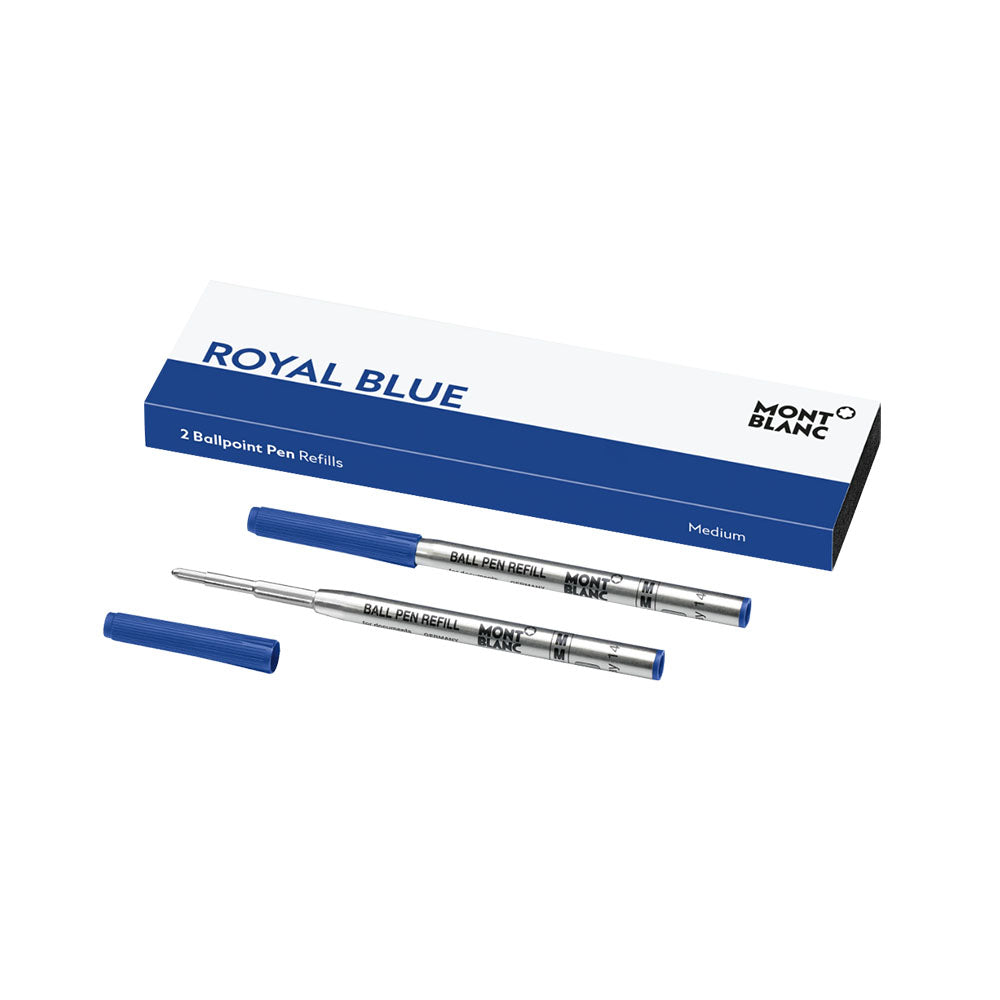 Montblanc 2 Ballpoint Pen Refills (M) – Royal Blue Montblanc Ballpoint Pen refills, Royal Blue. Suitable for all Montblanc Ballpoint Pens, except Meisterstück Hommage à W.A. Mozart. - Packaging unit = 2 Refills - Refill type = Medium Ident. number: 128214 Refill type: Ballpoint Pen Size: M = Medium Color: Royal Blue Packing unit: 2 refills Made in Germany