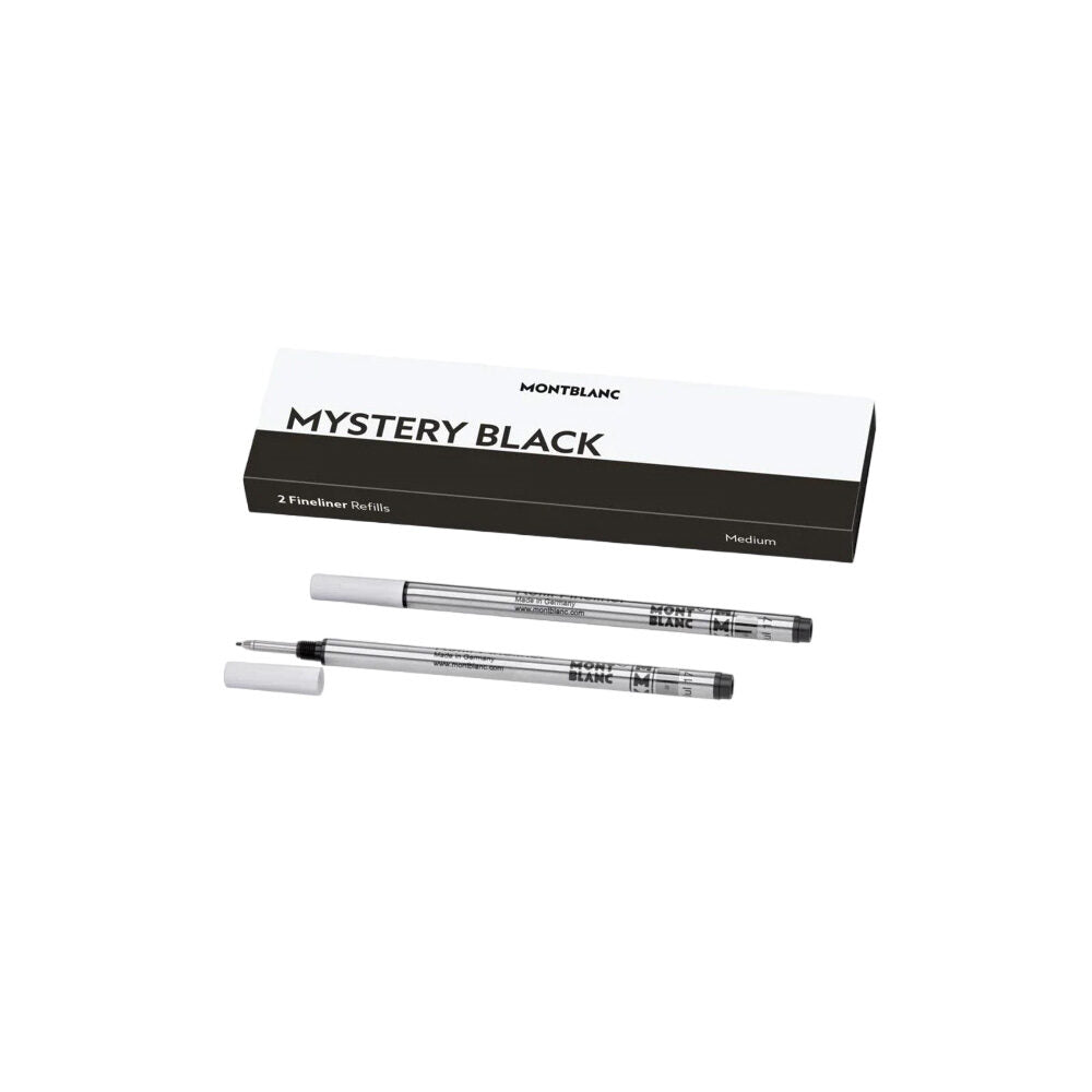 2 Fineliner Refills Medium Mystery Black Montblanc Fineliner refills, Mystery Black. Suitable for all Montblanc Fineliner/Rollerball Pens except Meisterstück LeGrand, Montblanc M and Heritage collection capless Rollerballs. - Packaging unit = 2 - Refill type = Medium REFILL TYPE - Fineliner Refill SIZE - M COLOR - Mystery Black