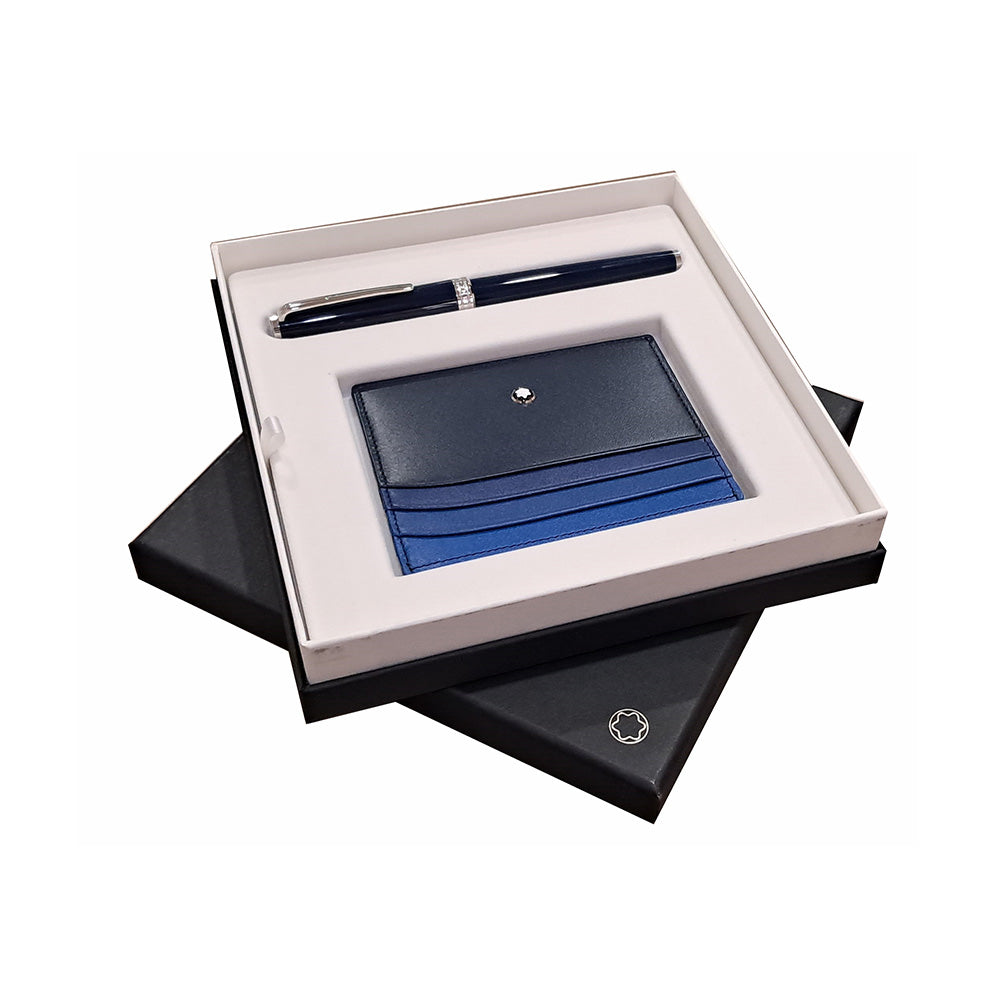 Montblanc Set with PIX Blue Rollerball and Meisterstück Pocket Holder 6cc Navy Blue