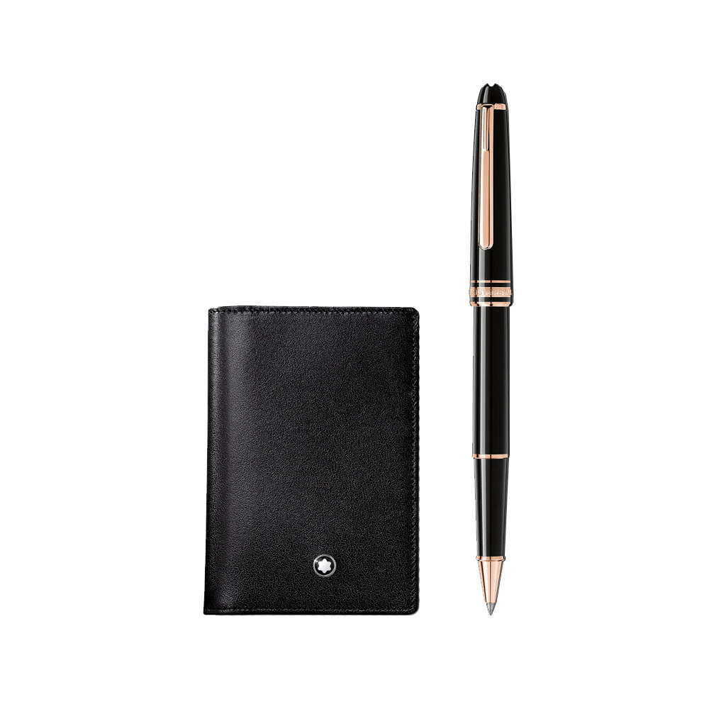 Montblanc Meisterstück Classique Black Precious Resin Rose Gold-Coated Rollerball Pen with Business Card Holder