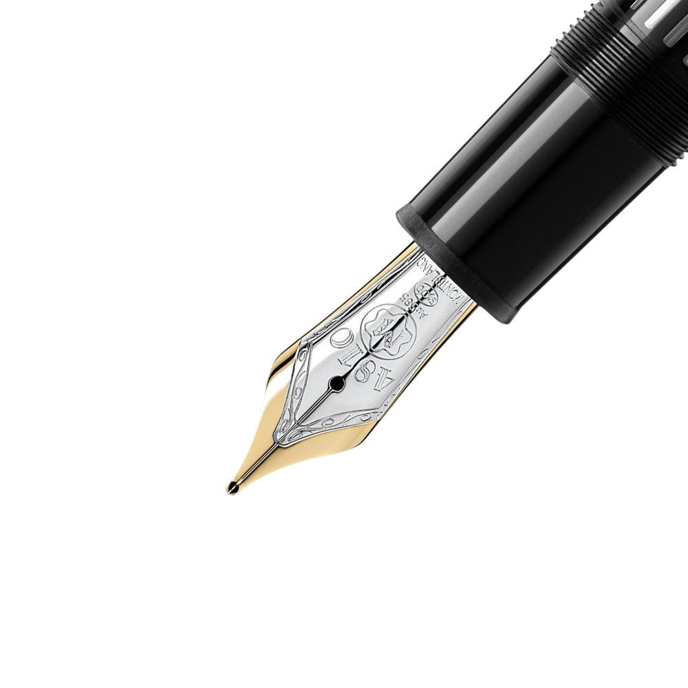 The Meisterstück 149 - a design that writes history. Deep black precious resin with gold-coated details, surmounted by the white star emblem and finished with a handcrafted Au 750 / 18K gold nib, evolves into Montblanc’s design icon. Black precious resin Gold-coated clip with individual serial number Black precious resin with Montblanc emblem inlay Piston filling mechanism Handcrafted Au 750/ 18KT gold nib with rhodium-coated inlay Product Code : MFFRCQYH2 Made in Germany