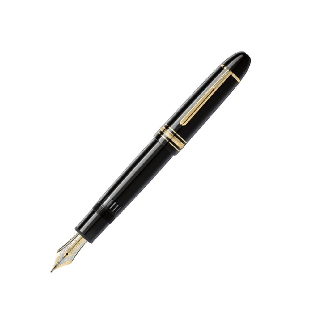 The Meisterstück 149 - a design that writes history. Deep black precious resin with gold-coated details, surmounted by the white star emblem and finished with a handcrafted Au 750 / 18K gold nib, evolves into Montblanc’s design icon. Black precious resin Gold-coated clip with individual serial number Black precious resin with Montblanc emblem inlay Piston filling mechanism Handcrafted Au 750/ 18KT gold nib with rhodium-coated inlay Product Code : MFFRCQYH2 Made in Germany