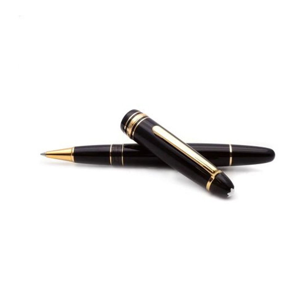 The LeGrand masterpiece made of deep black precious resin with gold-plated elements and the white Montblanc emblem has become a Montblanc design icon. ID NO. MFKQ86SF6 The classic and timeless design in a larger silhouette Black, precious resin barrel and cap Gold-coated clip with individual serial number Three gold-coated rings embossed with the Montblanc brand name on the trim Cap inlaid with the Montblanc emblem Signed and stamped warranty card Presented in a luxurious gift box