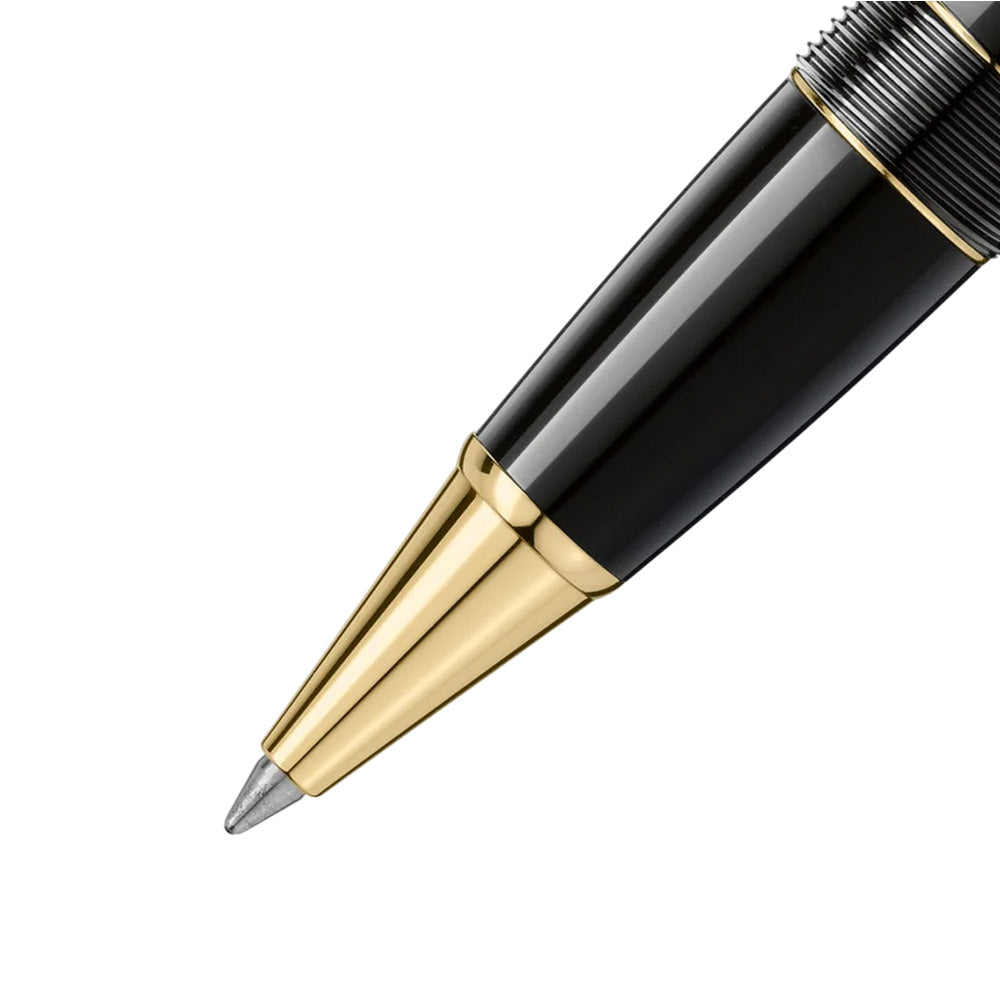 The LeGrand masterpiece made of deep black precious resin with gold-plated elements and the white Montblanc emblem has become a Montblanc design icon. ID NO. MFKQ86SF6 The classic and timeless design in a larger silhouette Black, precious resin barrel and cap Gold-coated clip with individual serial number Three gold-coated rings embossed with the Montblanc brand name on the trim Cap inlaid with the Montblanc emblem Signed and stamped warranty card Presented in a luxurious gift box