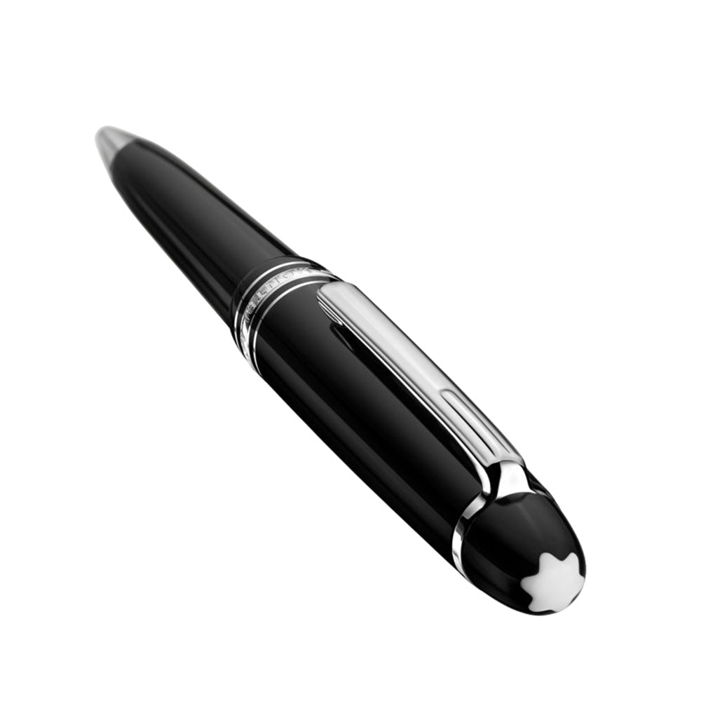The Meisterstück Midsize in deep black precious resin with elegant platinum-coated details, surmounted by the white Montblanc emblem, evolves into a distinctive design icon. Its size is between LeGrand and Classique Ballpoint Pens. Color : Black Black, precious resin barrel and cap Clip : Platinum-coated clip with individual serial number Three platinum-coated rings embossed with the Montblanc brand name on the trim Signed and stamped warranty card ID NO. MFKQ79QT8