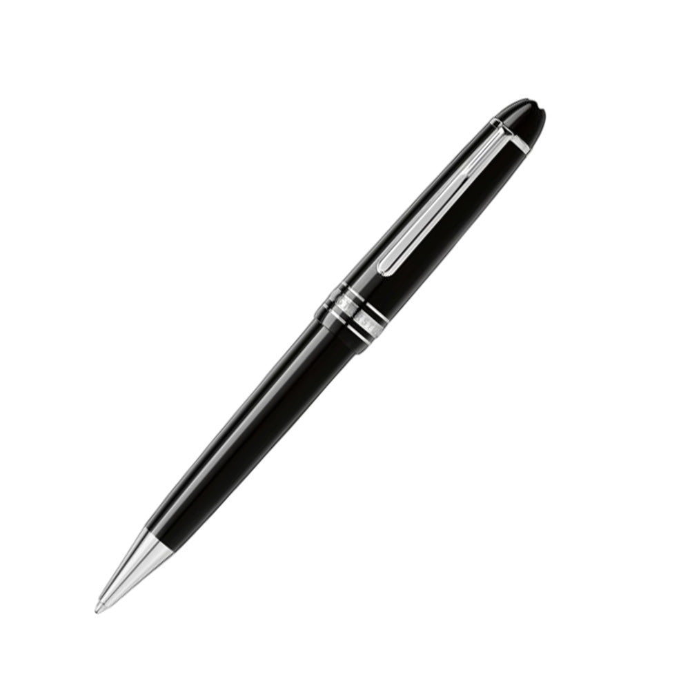 The Meisterstück Midsize in deep black precious resin with elegant platinum-coated details, surmounted by the white Montblanc emblem, evolves into a distinctive design icon. Its size is between LeGrand and Classique Ballpoint Pens. Color : Black Black, precious resin barrel and cap Clip : Platinum-coated clip with individual serial number Three platinum-coated rings embossed with the Montblanc brand name on the trim Signed and stamped warranty card ID NO. MFKQ79QT8