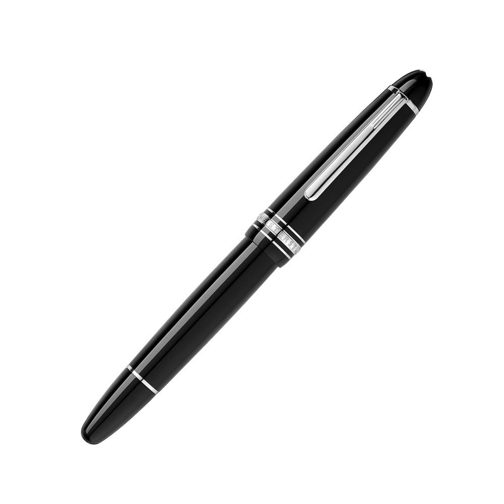 The Meisterstück LeGrand in deep black precious resin with platinum-coated details, surmounted by the white star emblem and finished with a handcrafted gold nib, evolves into a distinctive design icon. Perfect travel companion with convenient cartridge filling system. Colour : Black Black precious resin inlaid with Montblanc emblem Platinum-coated clip with individual serial number Cap inlaid with the Montblanc emblem Handcrafted Au 585 / 14Kt gold nib with rhodium-coated inlay Made in Germany
