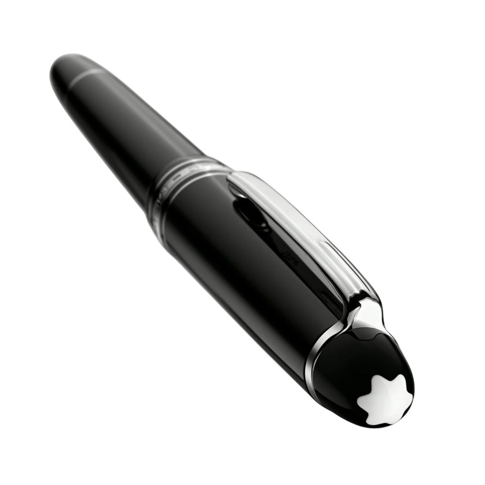 The Meisterstück LeGrand in deep black precious resin with platinum-coated details, surmounted by the white star emblem and finished with a handcrafted gold nib, evolves into a distinctive design icon. Perfect travel companion with convenient cartridge filling system. Colour : Black Black precious resin inlaid with Montblanc emblem Platinum-coated clip with individual serial number Cap inlaid with the Montblanc emblem Handcrafted Au 585 / 14Kt gold nib with rhodium-coated inlay Made in Germany