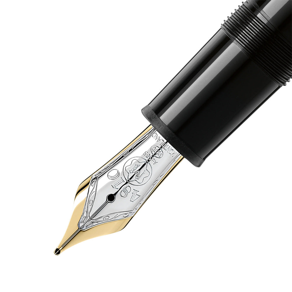The Meisterstück LeGrand in deep black precious resin with platinum-coated details, surmounted by the white star emblem and finished with a handcrafted gold nib, evolves into a distinctive design icon. Perfect travel companion with convenient cartridge filling system. Colour : Black Black precious resin inlaid with Montblanc emblem Platinum-coated clip with individual serial number Cap inlaid with the Montblanc emblem Handcrafted Au 585 / 14Kt gold nib with rhodium-coated inlay Made in Germany