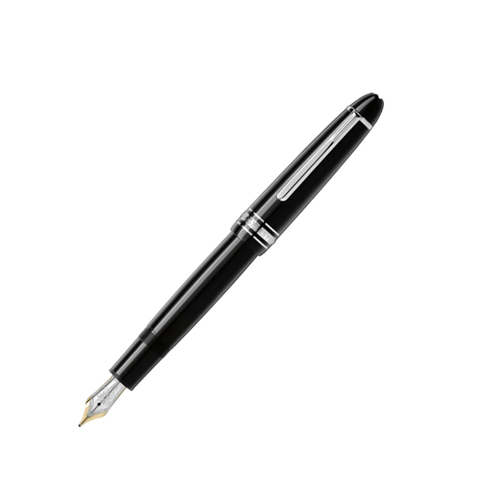 The Meisterstück LeGrand in deep black precious resin with platinum-coated details, surmounted by the white star emblem and finished with a handcrafted gold nib, evolves into a distinctive design icon. Perfect travel companion with convenient cartridge filling system. Colour : Black Black precious resin inlaid with Montblanc emblem Platinum-coated clip with individual serial number Cap inlaid with the Montblanc emblem Handcrafted Au 585 / 14Kt gold nib with rhodium-coated inlay Made in Germany