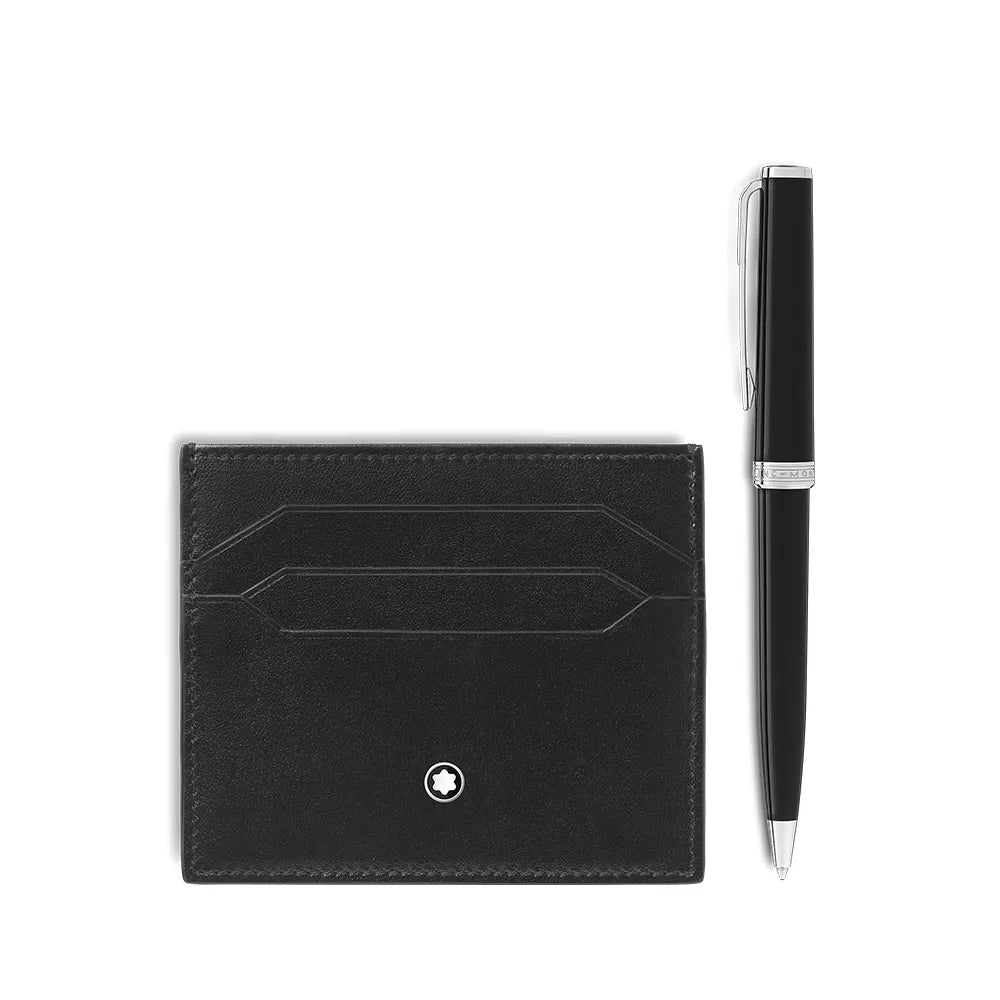 Montblanc Set with PIX Black Precious Resin Ballpoint Pen & Meisterstück Leather Card Holder 6cc Black