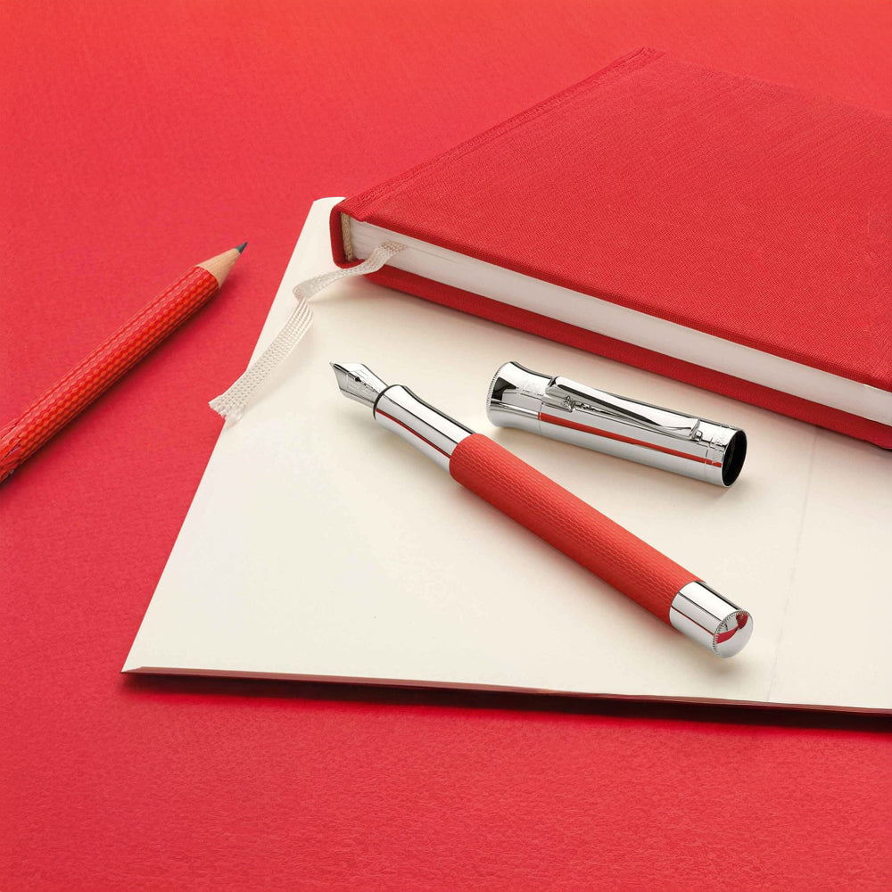 Graf von Faber-Castell Guilloche Coral Red Resin with Rhodium-plated Trim Fountain Pen – 18Kt Gold Rhodium-Plated Medium Nib