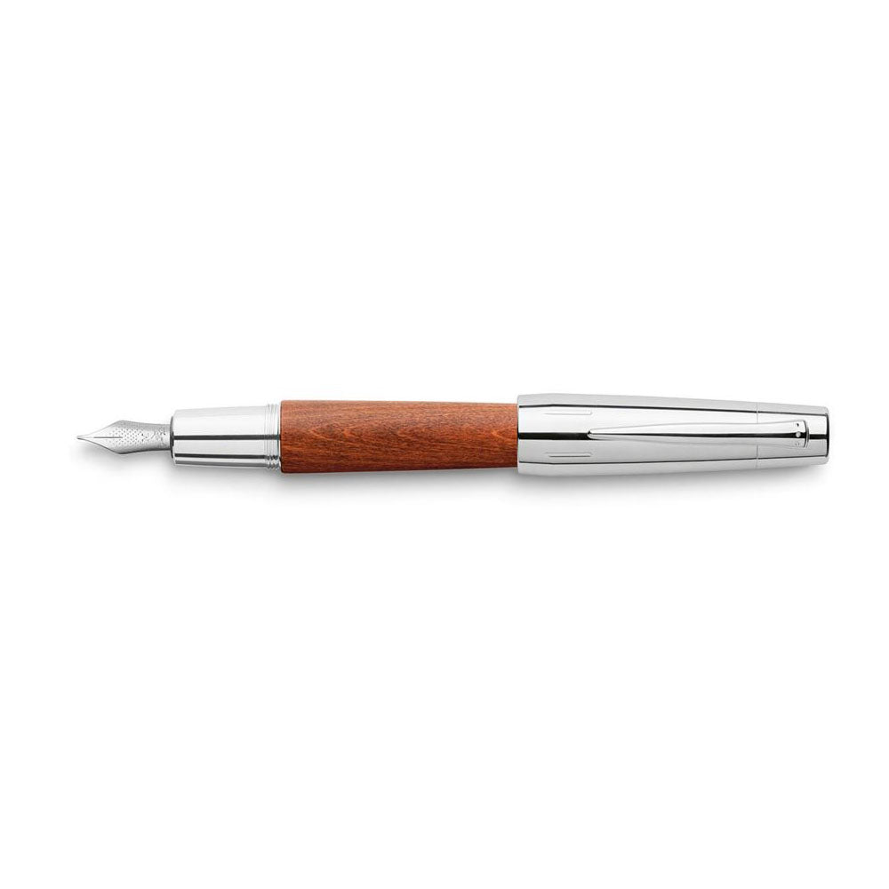 Faber-Castell E-motion Wood Reddish Brown with Polished Chrome Cap Fountain Pen - Fine Nib