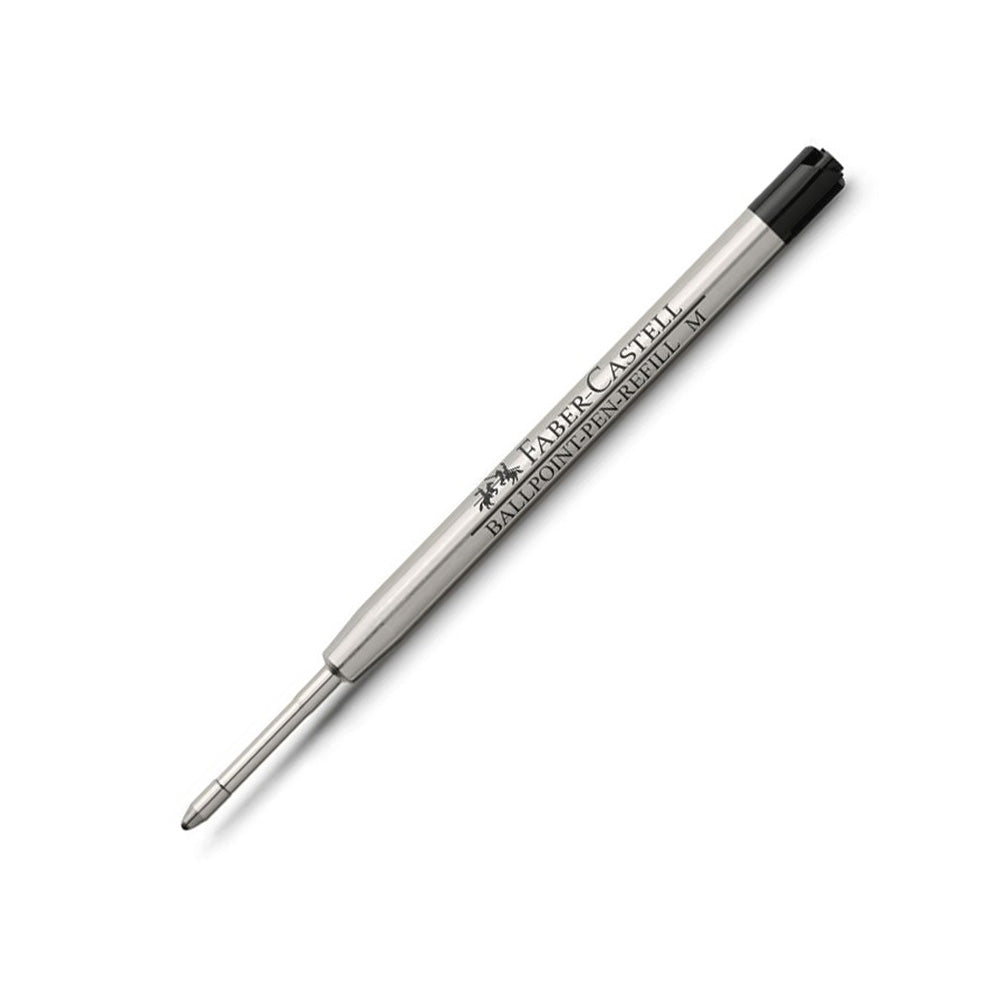 Spare refill ballpoint pen, large-capacity refill M, black Document-proof, lightfast ink in black with a steel tip. Approximate line width = 0.5mm. Refill is suitable for all Faber-Castell Ballpoint Pens excluding the discontinued Twice and Trio instruments. One refill on blister card. Document-proof large capacity refill with metal tip Lightfast Line width M Ink colour black Writing colour: black