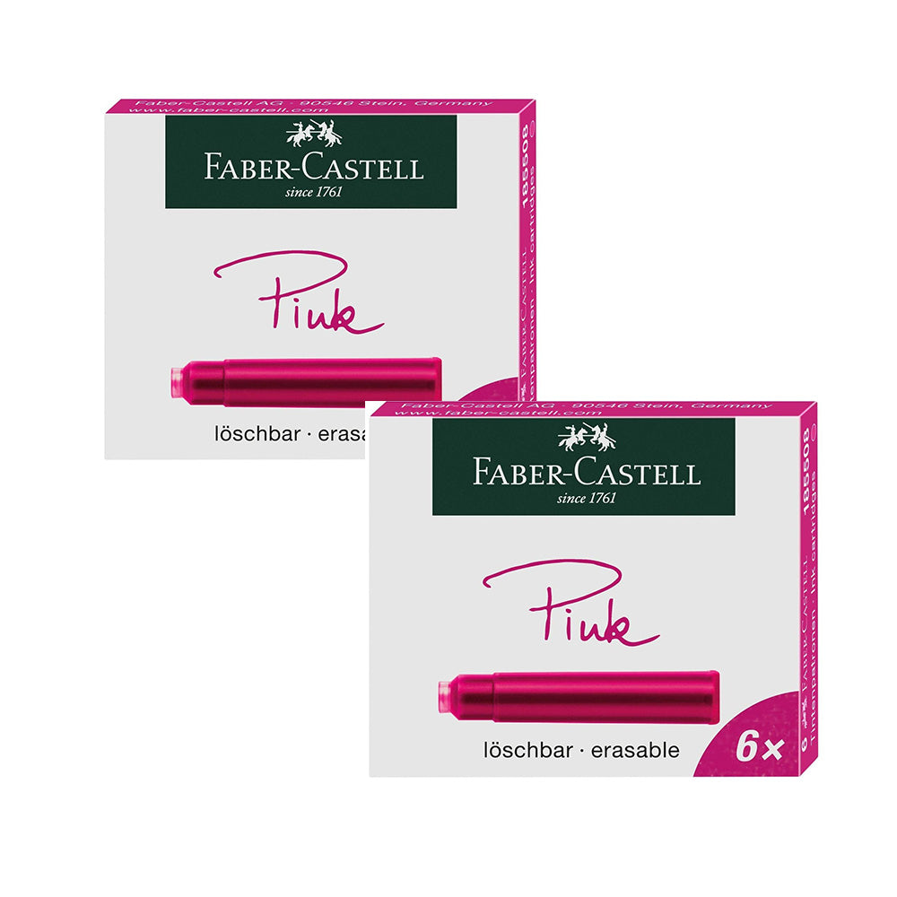 These cartridges feature high-quality fountain pen ink from Faber-Castell. Use them in the pens listed under Compatible Products. For fountain pens with a standard cartridge system Quality ink made in Germany Erasable 6 cartridges in one box 0.7ml ink each cartridge Writing colour: Pink