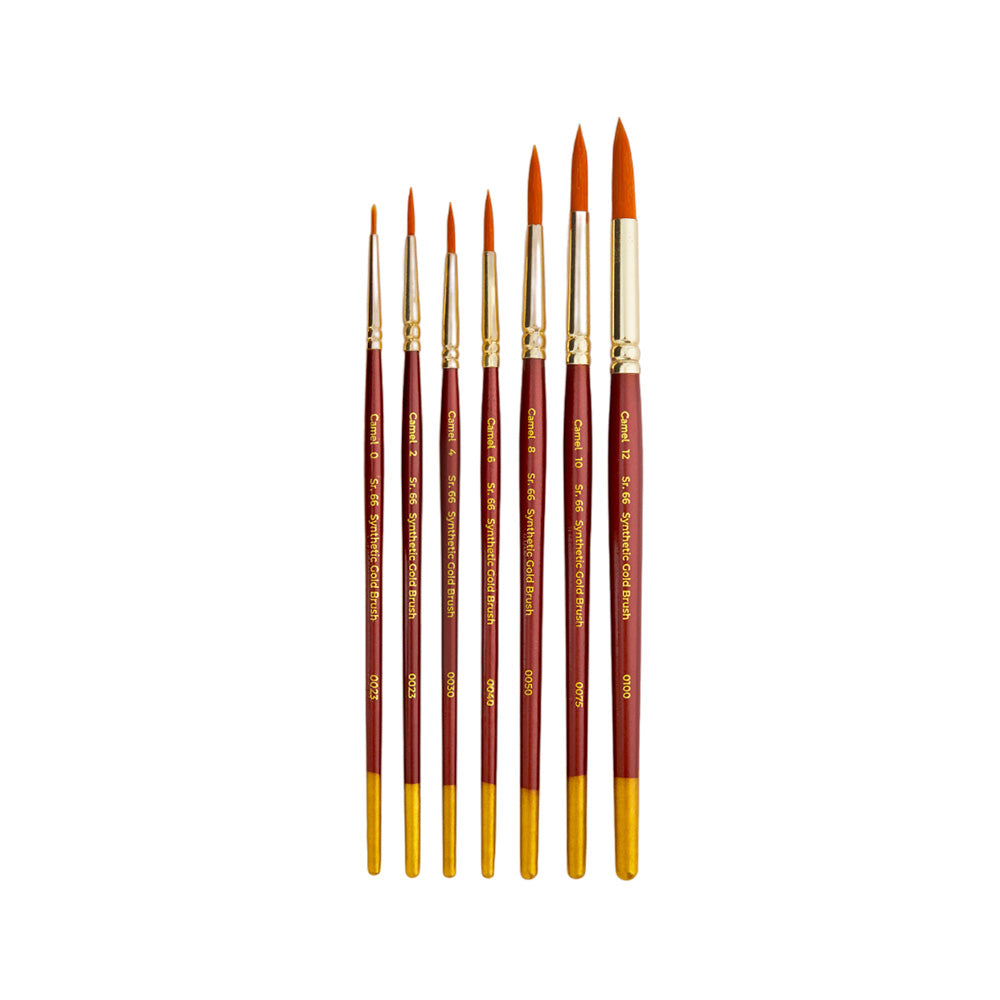 Synthetic Gold Hair Brushes from Camlin are of International quality. Suitable to use with Camlin water colours, Camlin acrylic colours and Camlin Fabric colours. A set of flat brushes with a short handle and soft hair for young artists with a creative bend. Machine made, great quality soft hair to protect wildlife Round shape for strokes and details Sturdy gold-plated ferrule for long life Perfectly balanced and polished wooden handles 100% vegan Brush no.s 0, 2, 4, 6, 8, 10, 12