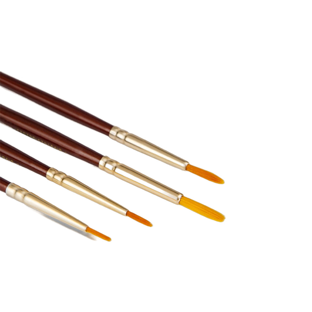 Synthetic Gold Hair Brushes from Camlin are of International quality. Suitable to use with Camlin water colours, Camlin acrylic colours and Camlin Fabric colours. A set of flat brushes with a short handle and soft hair for young artists with a creative bend. Machine made, great quality soft hair to protect wildlife Round shape for strokes and details Sturdy gold-plated ferrule for long life Perfectly balanced and polished wooden handles 100% vegan Brush no.s 0, 2, 4, 6