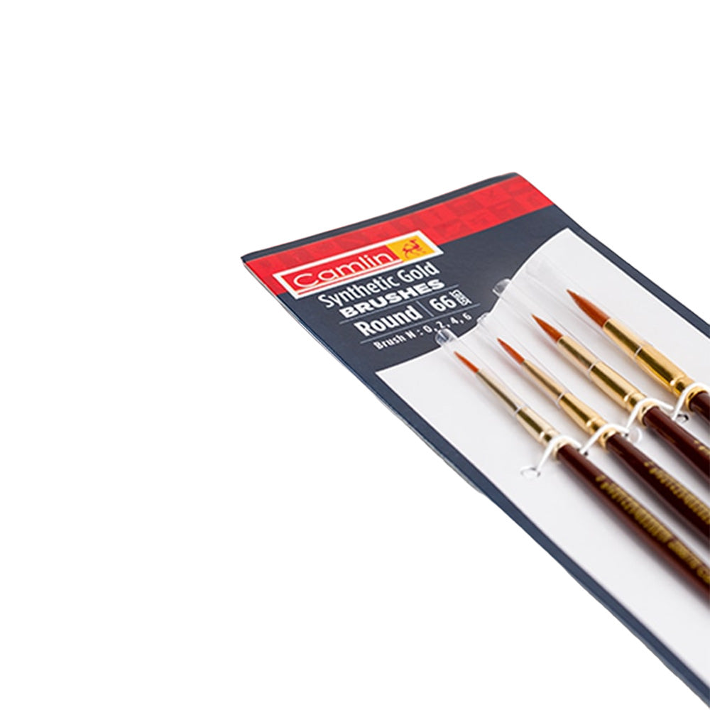 Synthetic Gold Hair Brushes from Camlin are of International quality. Suitable to use with Camlin water colours, Camlin acrylic colours and Camlin Fabric colours. A set of flat brushes with a short handle and soft hair for young artists with a creative bend. Machine made, great quality soft hair to protect wildlife Round shape for strokes and details Sturdy gold-plated ferrule for long life Perfectly balanced and polished wooden handles 100% vegan Brush no.s 0, 2, 4, 6