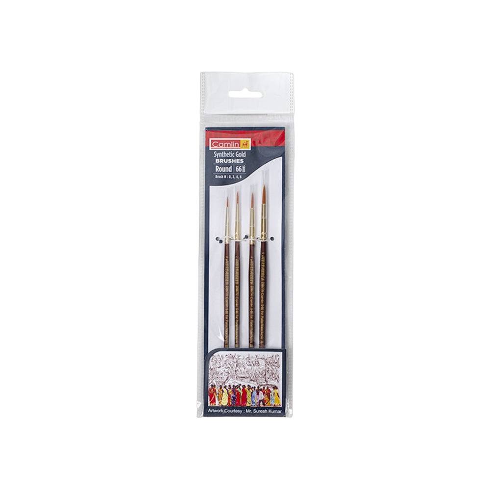 Synthetic Gold Hair Brushes from Camlin are of International quality. Suitable to use with Camlin water colours, Camlin acrylic colours and Camlin Fabric colours. A set of flat brushes with a short handle and soft hair for young artists with a creative bend. Machine made, great quality soft hair to protect wildlife Round shape for strokes and details Sturdy gold-plated ferrule for long life Perfectly balanced and polished wooden handles 100% vegan Brush no.s 0, 2, 4, 6