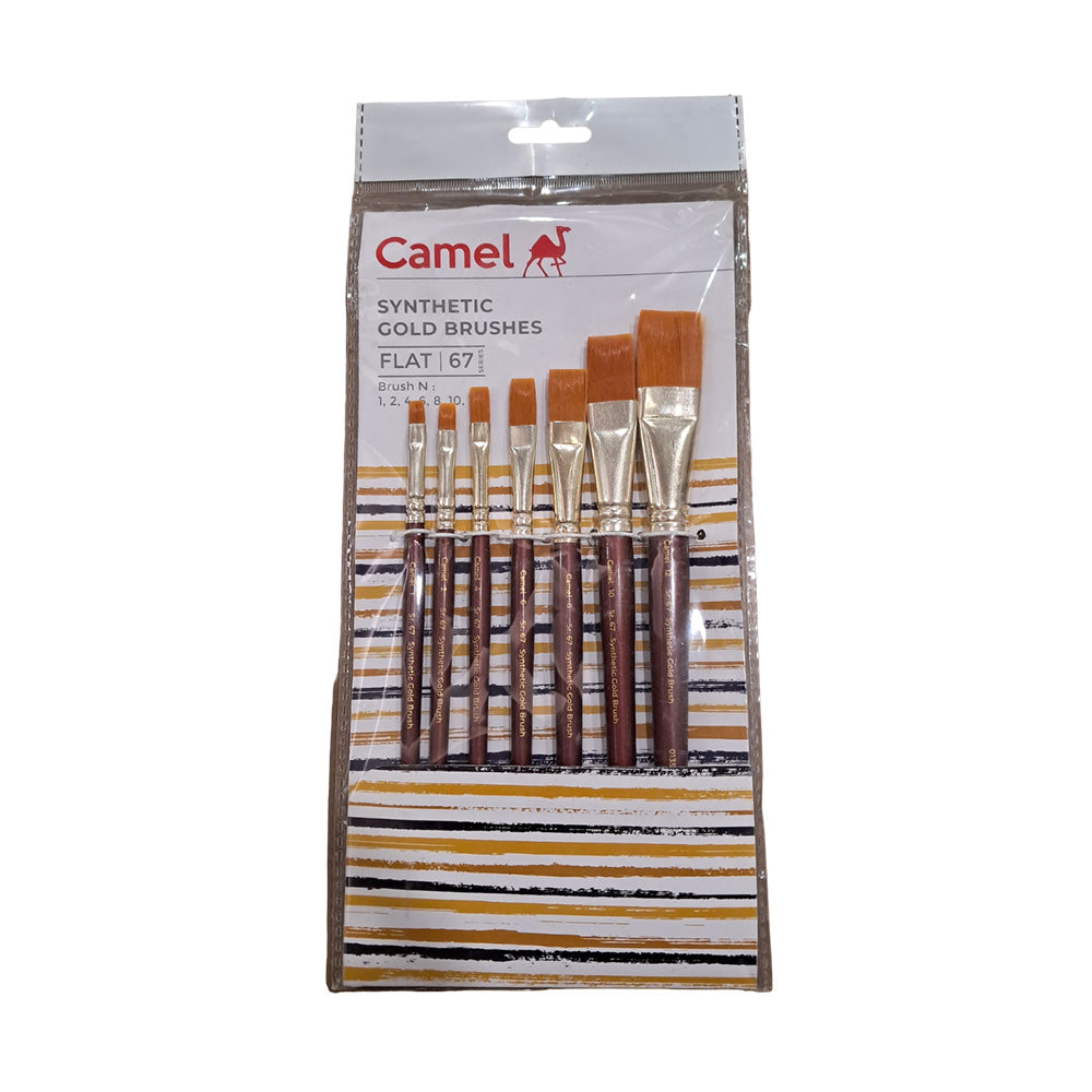 Synthetic gold hair brushes from Camlin are of international quality . Suitable to use with Camlin water colours, Camlin acrylic colours and Camlin Fabric colours. A set of flat brushes with a short handle and soft hair for young artists with a creative bend. Machine made, great quality soft hair to protect wildlife Flat shape for strokes and coverage Sturdy gold-plated ferrule for long life Perfectly balanced and polished wooden handles 100% vegan Brush no.s 1, 2, 4, 6, 8, 10, 12