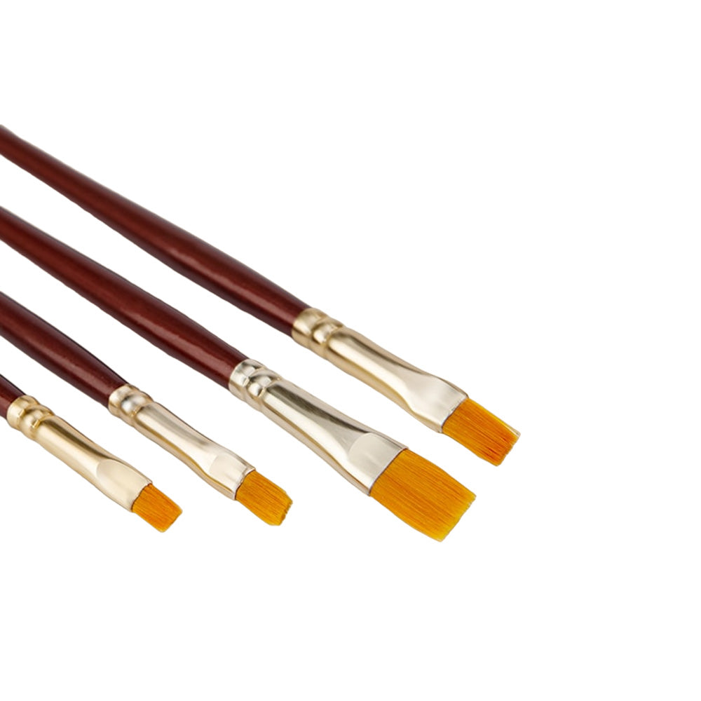 Synthetic gold hair brushes from Camlin are of international quality . Suitable to use with Camlin water colours, Camlin acrylic colours and Camlin Fabric colours. A set of flat brushes with a short handle and soft hair for young artists with a creative bend. Machine made, great quality soft hair to protect wildlife Flat shape for strokes and coverage Sturdy gold-plated ferrule for long life Perfectly balanced and polished wooden handles Suitable for all painting mediums 100% vegan Brush no.s 1, 2, 4, 6