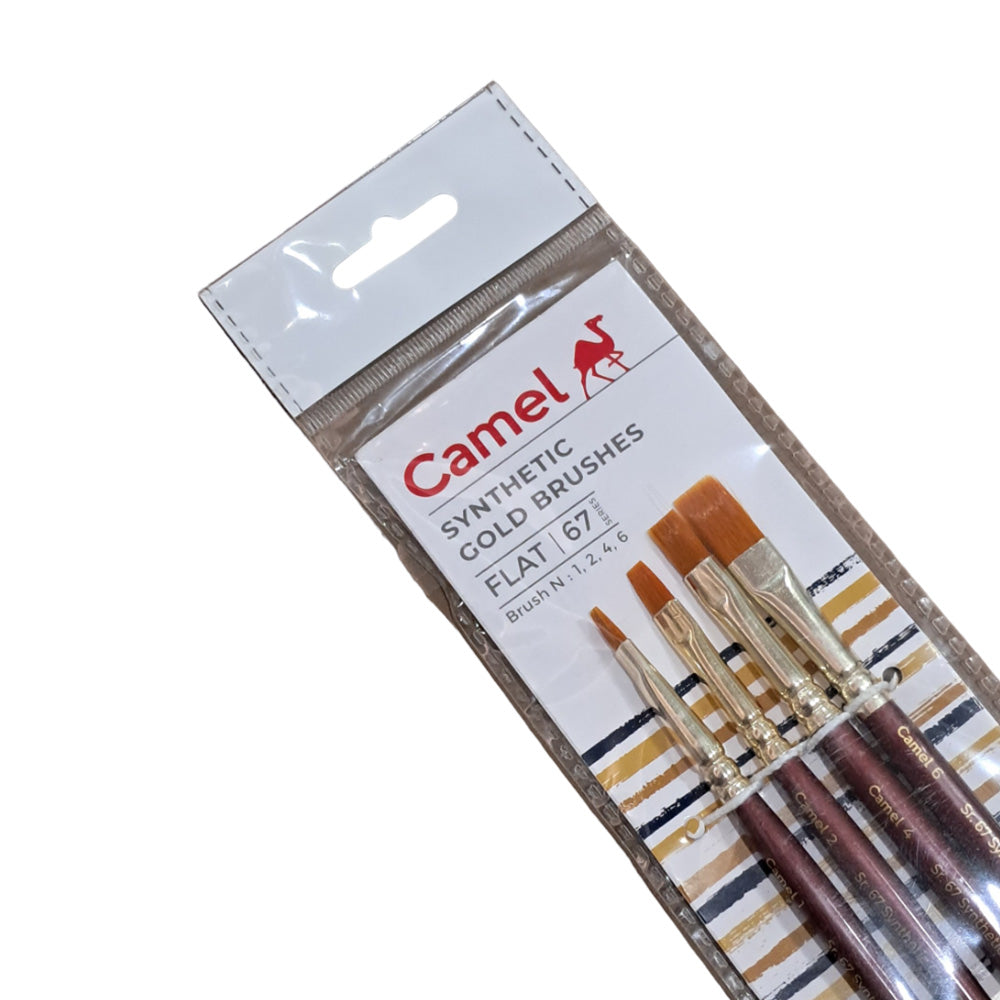Synthetic gold hair brushes from Camlin are of international quality . Suitable to use with Camlin water colours, Camlin acrylic colours and Camlin Fabric colours. A set of flat brushes with a short handle and soft hair for young artists with a creative bend. Machine made, great quality soft hair to protect wildlife Flat shape for strokes and coverage Sturdy gold-plated ferrule for long life Perfectly balanced and polished wooden handles Suitable for all painting mediums 100% vegan Brush no.s 1, 2, 4, 6