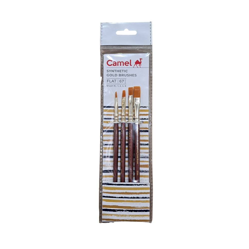 Synthetic gold hair brushes from Camlin are of international quality . Suitable to use with Camlin water colours, Camlin acrylic colours and Camlin Fabric colours. A set of flat brushes with a short handle and soft hair for young artists with a creative bend. Machine made, great quality soft hair to protect wildlife Flat shape for strokes and coverage Sturdy gold-plated ferrule for long life Perfectly balanced and polished wooden handles Suitable for all painting mediums 100% vegan Brush no.s 1, 2, 4, 6