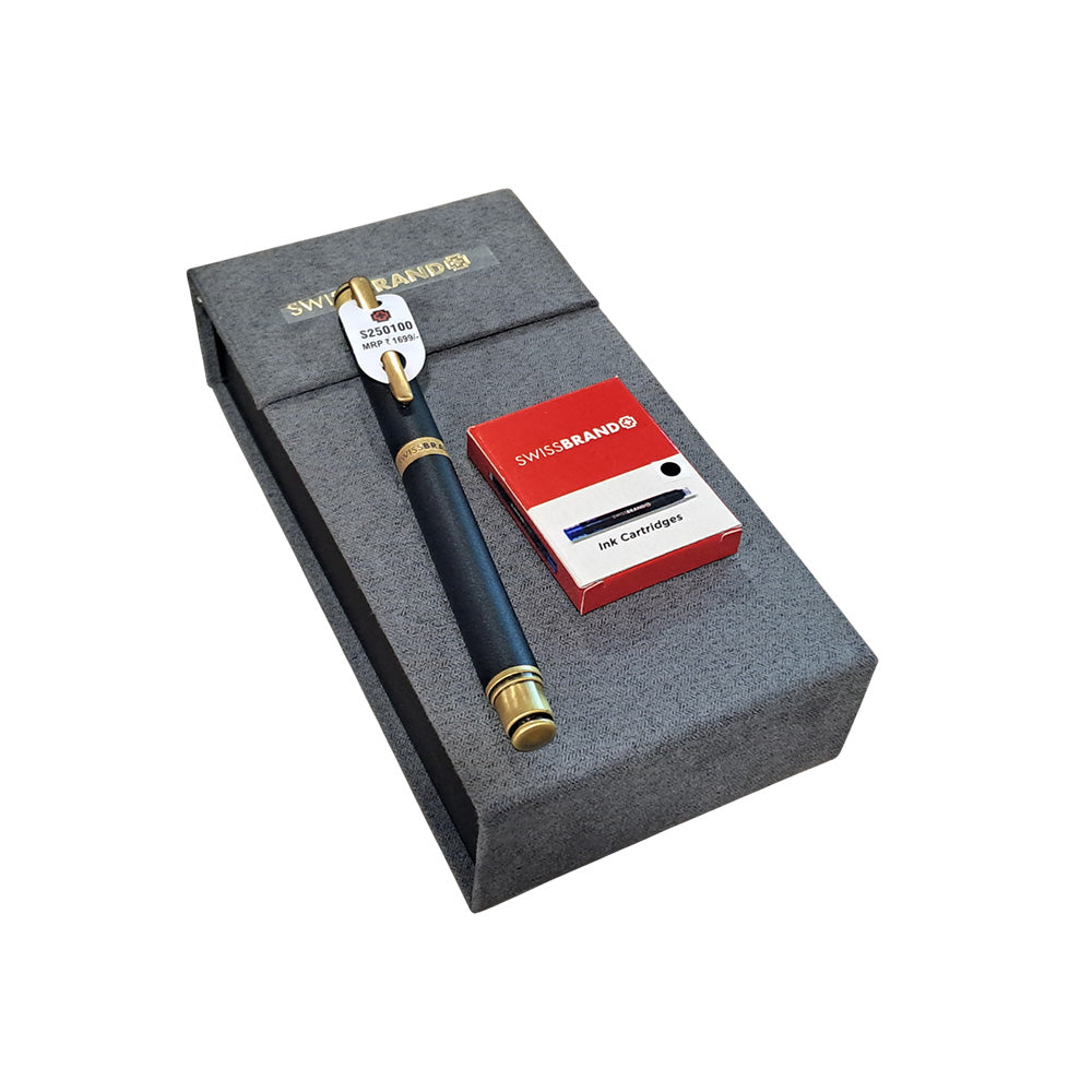 Swissbrand 2501 Matte Black Lacquer with Gold Trim Fountain Pen - Medium Nib