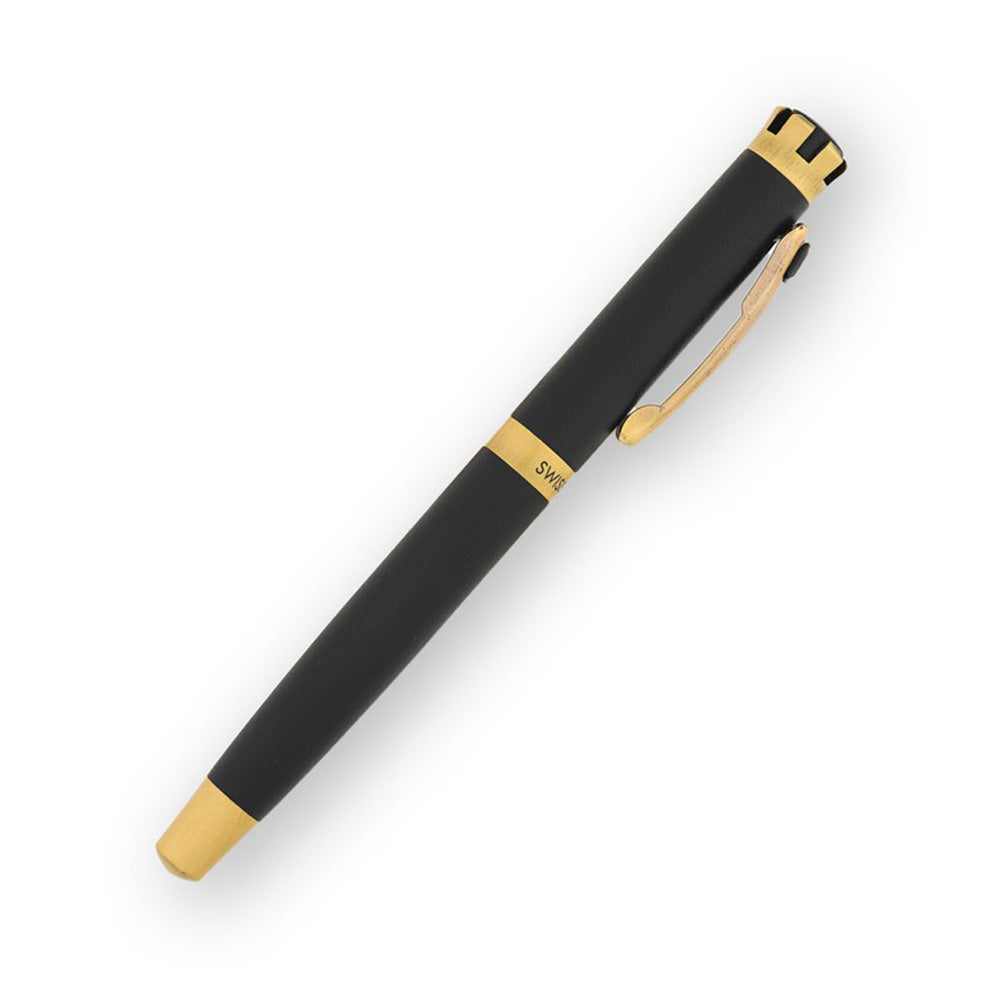 Swissbrand 2510 Matte Black Lacquer with Black Gem-Embedded Gold Trim Fountain Pen - Medium Nib