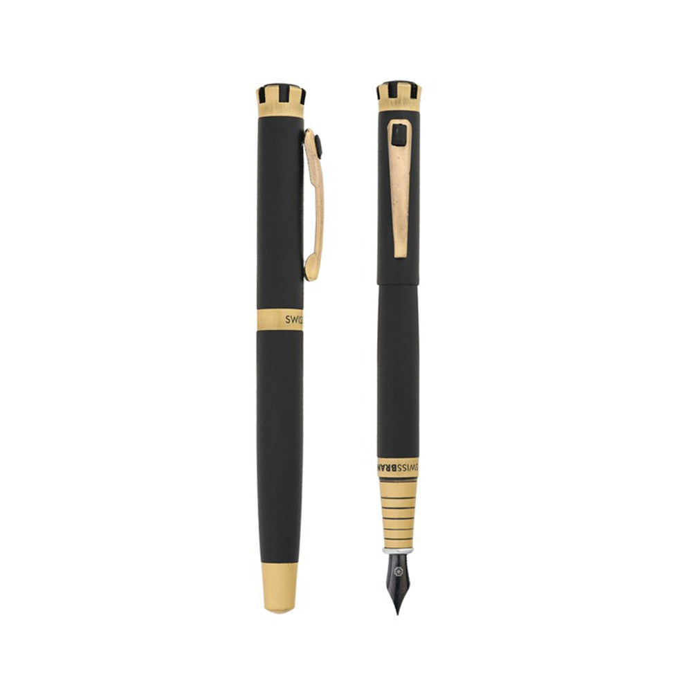 Swissbrand 2510 Matte Black Lacquer with Black Gem-Embedded Gold Trim Fountain Pen - Medium Nib